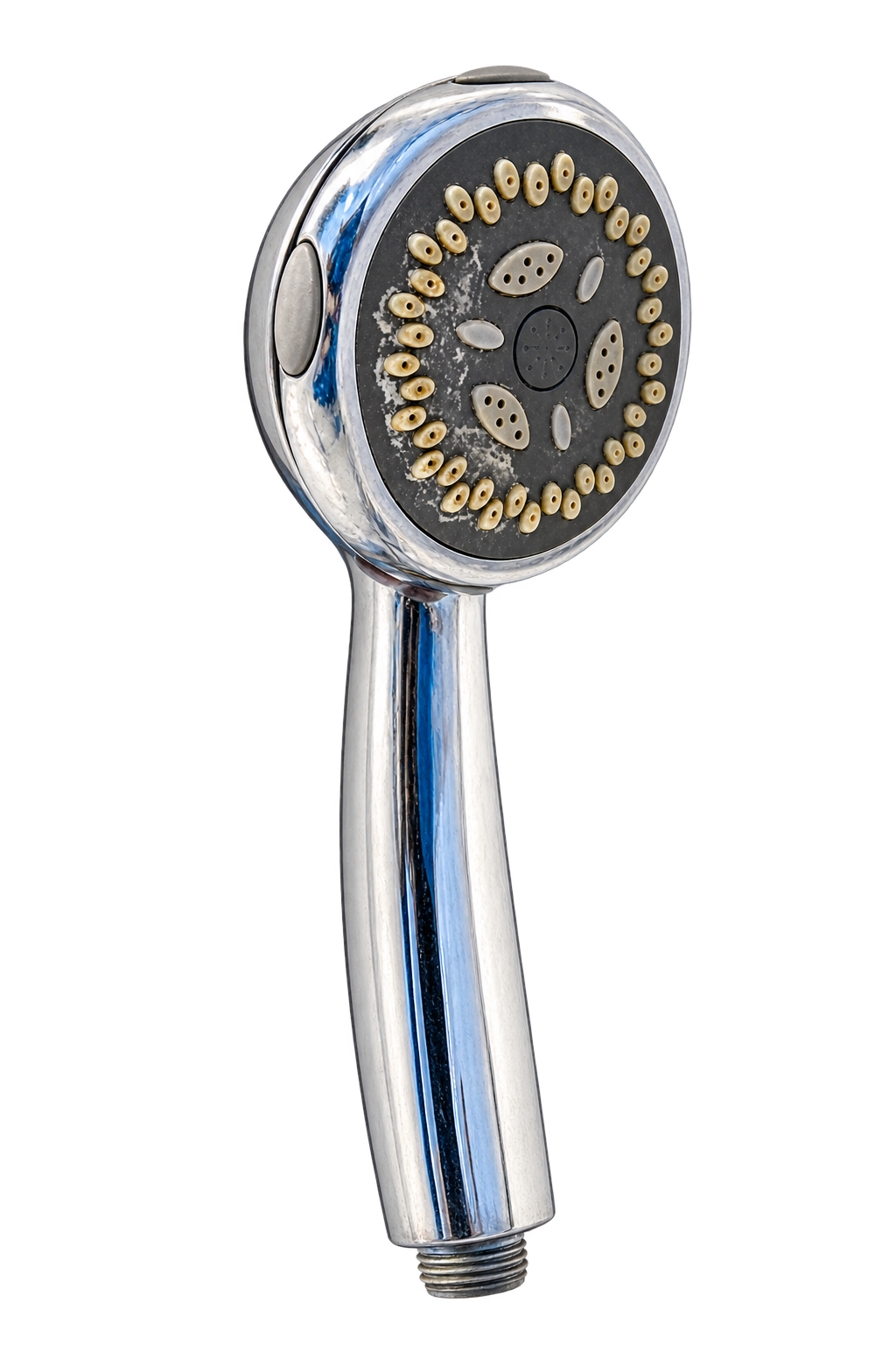 Conventional chrome shower head with visible mineral buildup