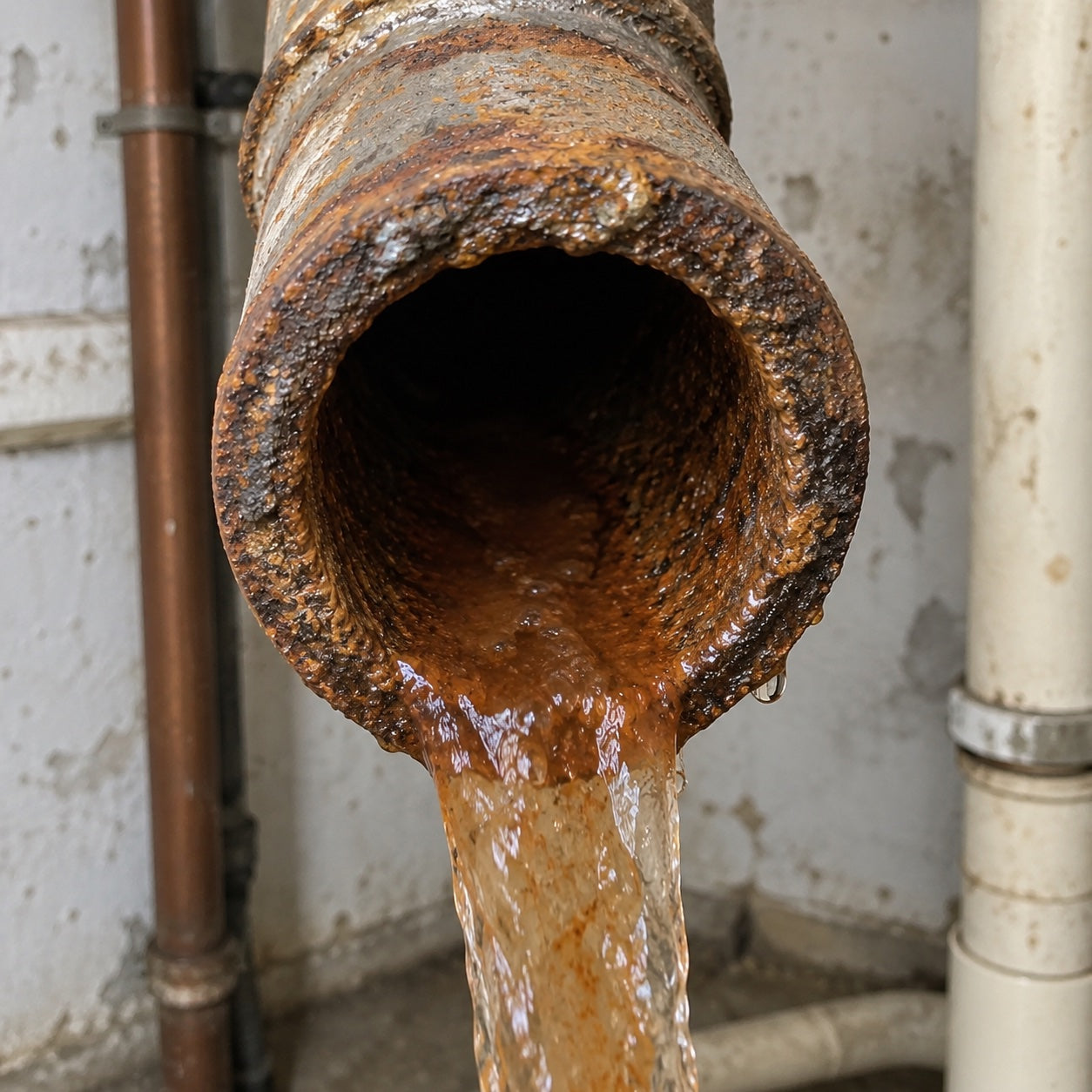 Corroded metal pipe pouring brown water