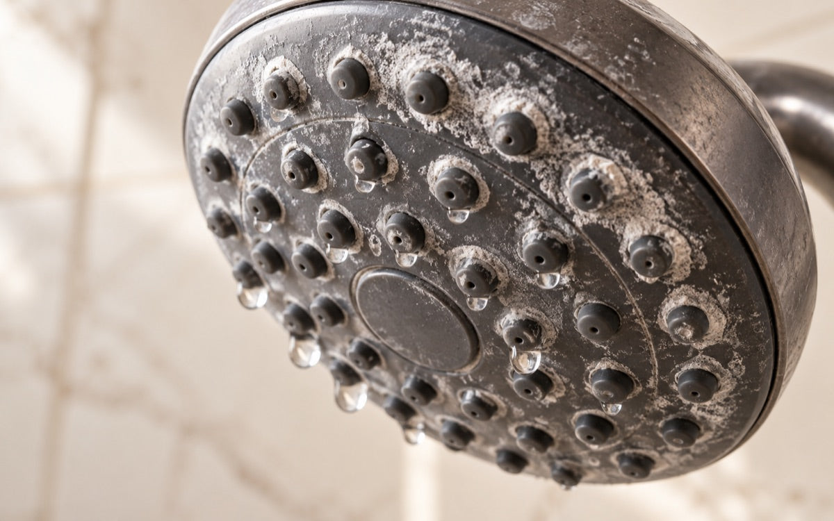Illustration of chalky mineral buildup around shower spray nozzles