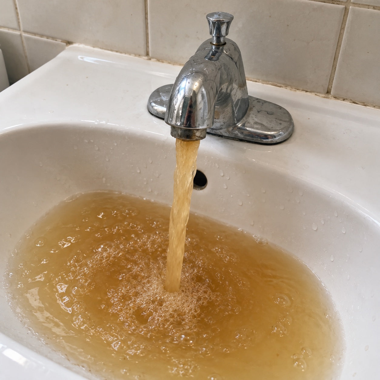 Chrome tap running brown water into a white bathroom sink