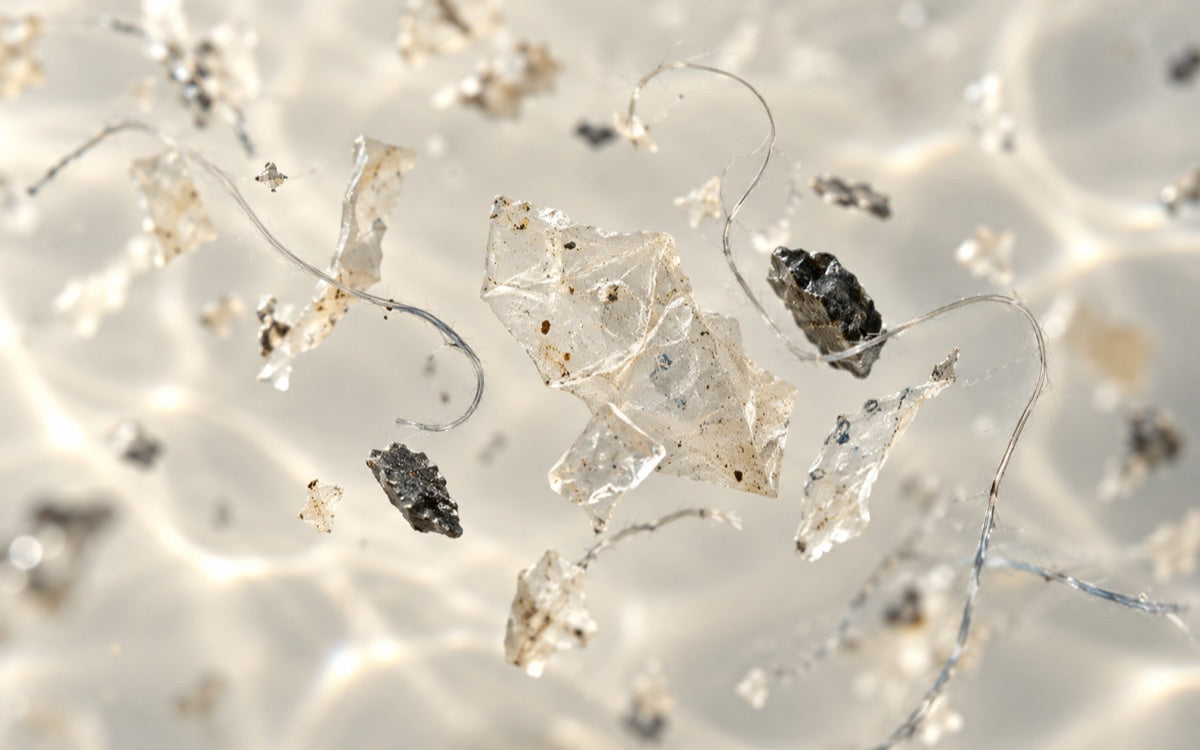 Magnified illustration of microplastic fragments and fibers suspended in water