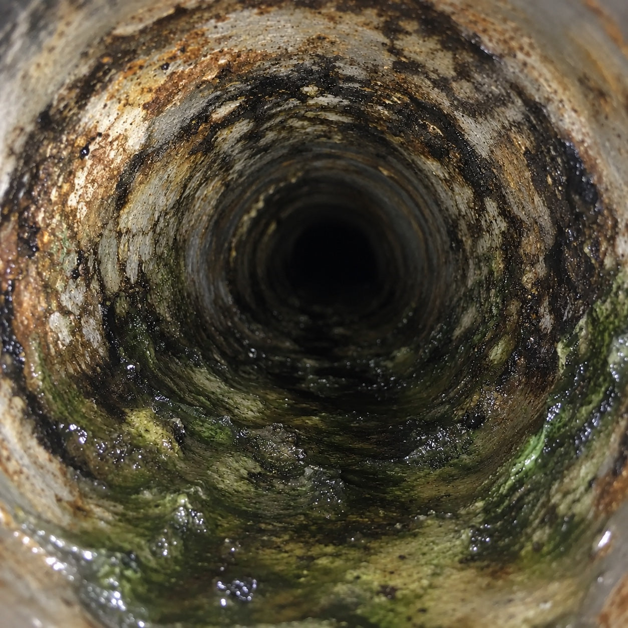 Close-up inside a pipe with dark and green buildup along its walls