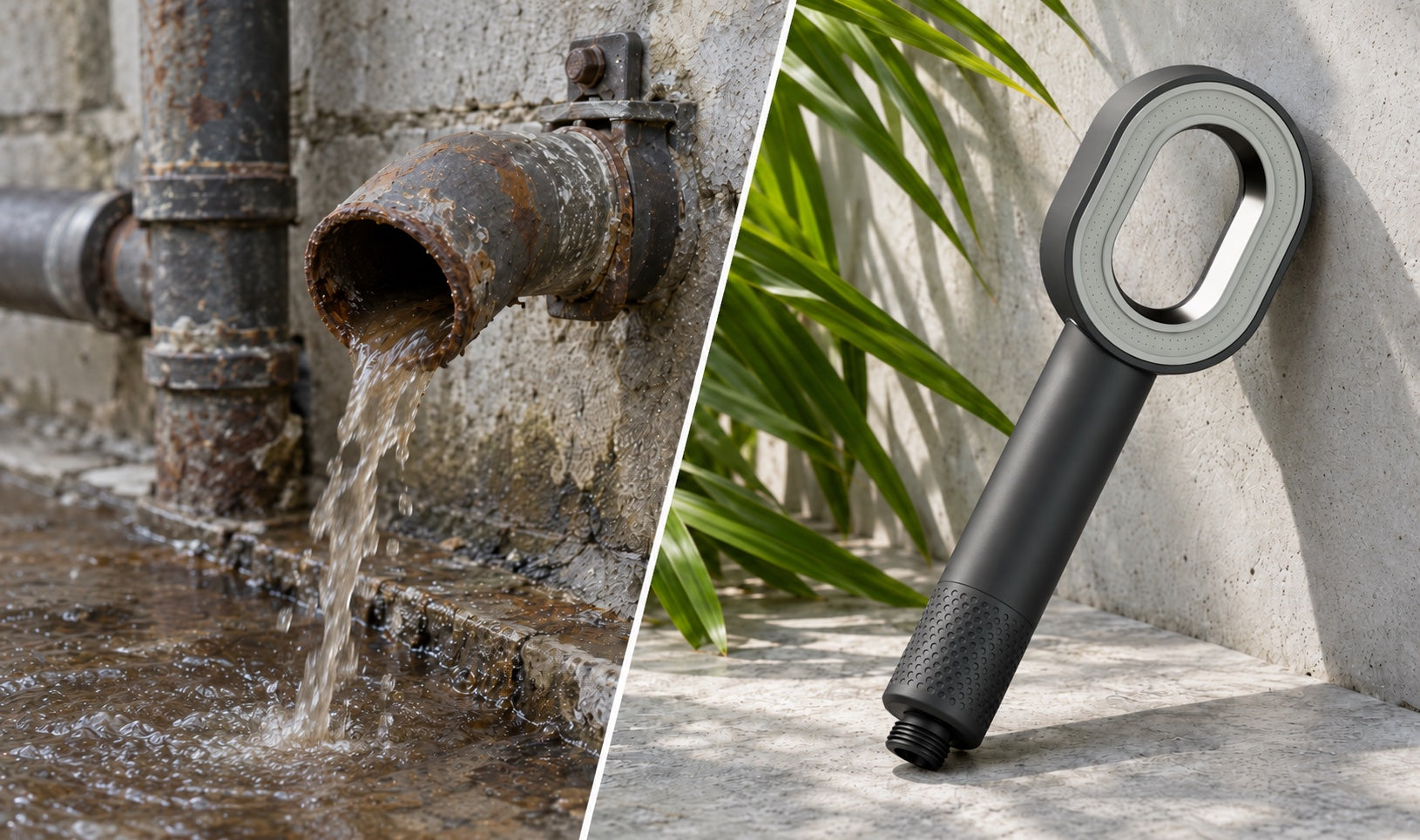 Rituva filtered showerhead leaning against a stone wall