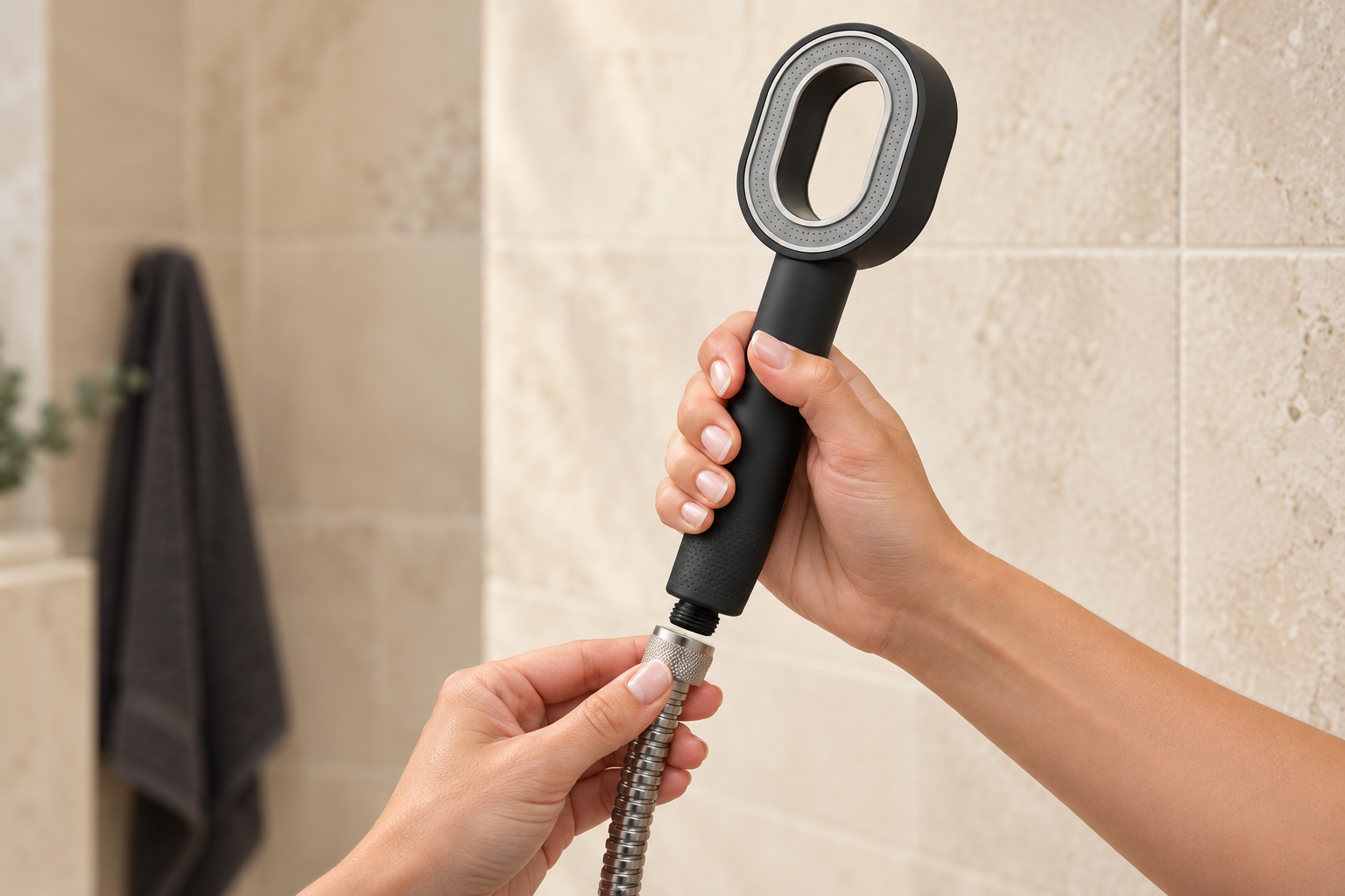 Hands connecting the Rituva showerhead to a shower hose