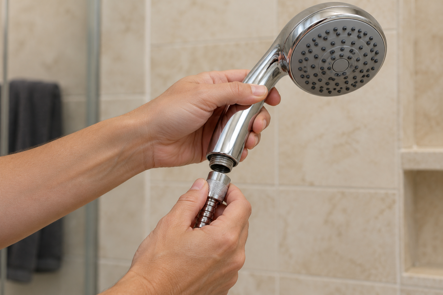 Hands unscrewing an old handheld showerhead from a flexible hose