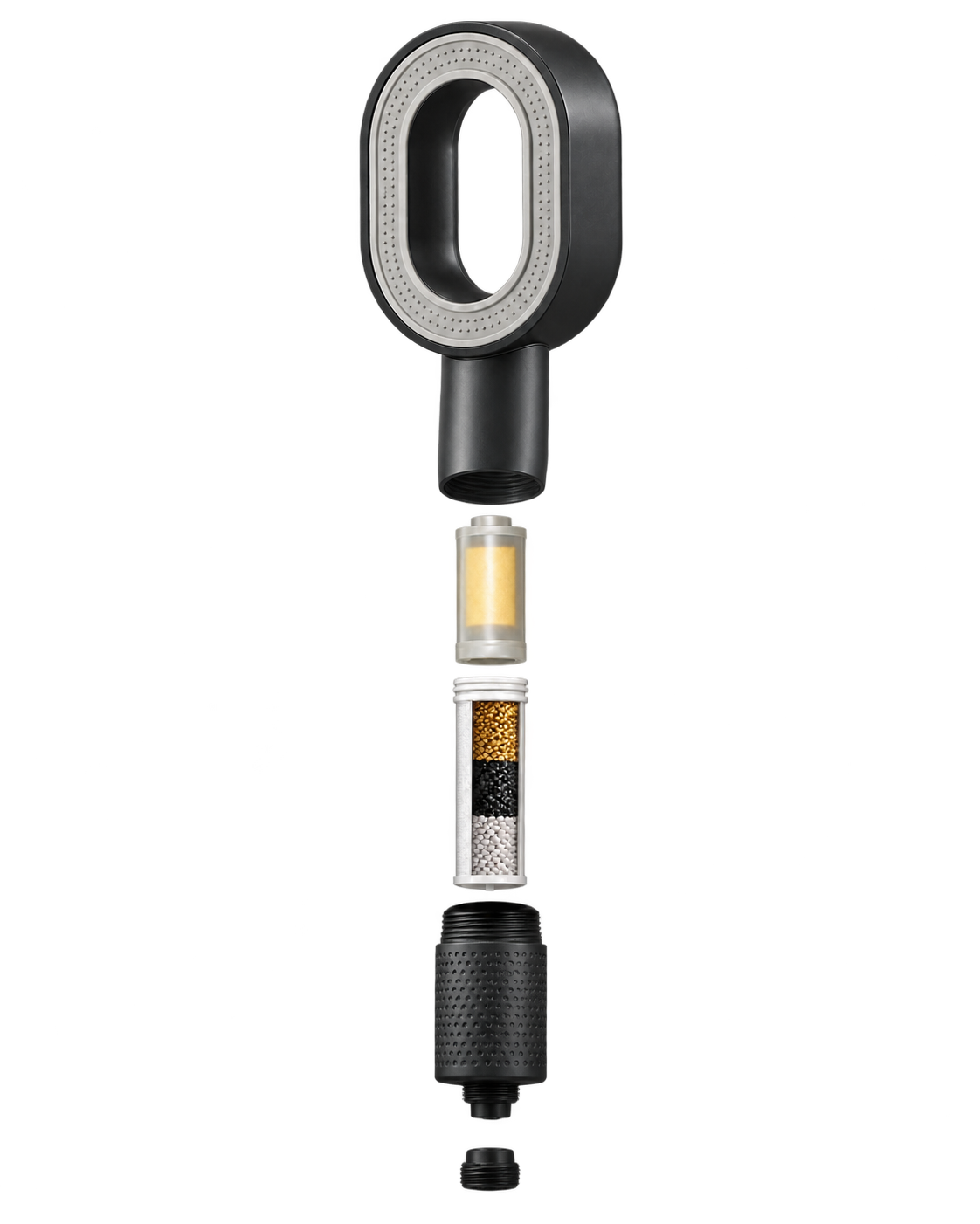 Exploded view of the Rituva showerhead, vitamin C cartridge, filter and handle