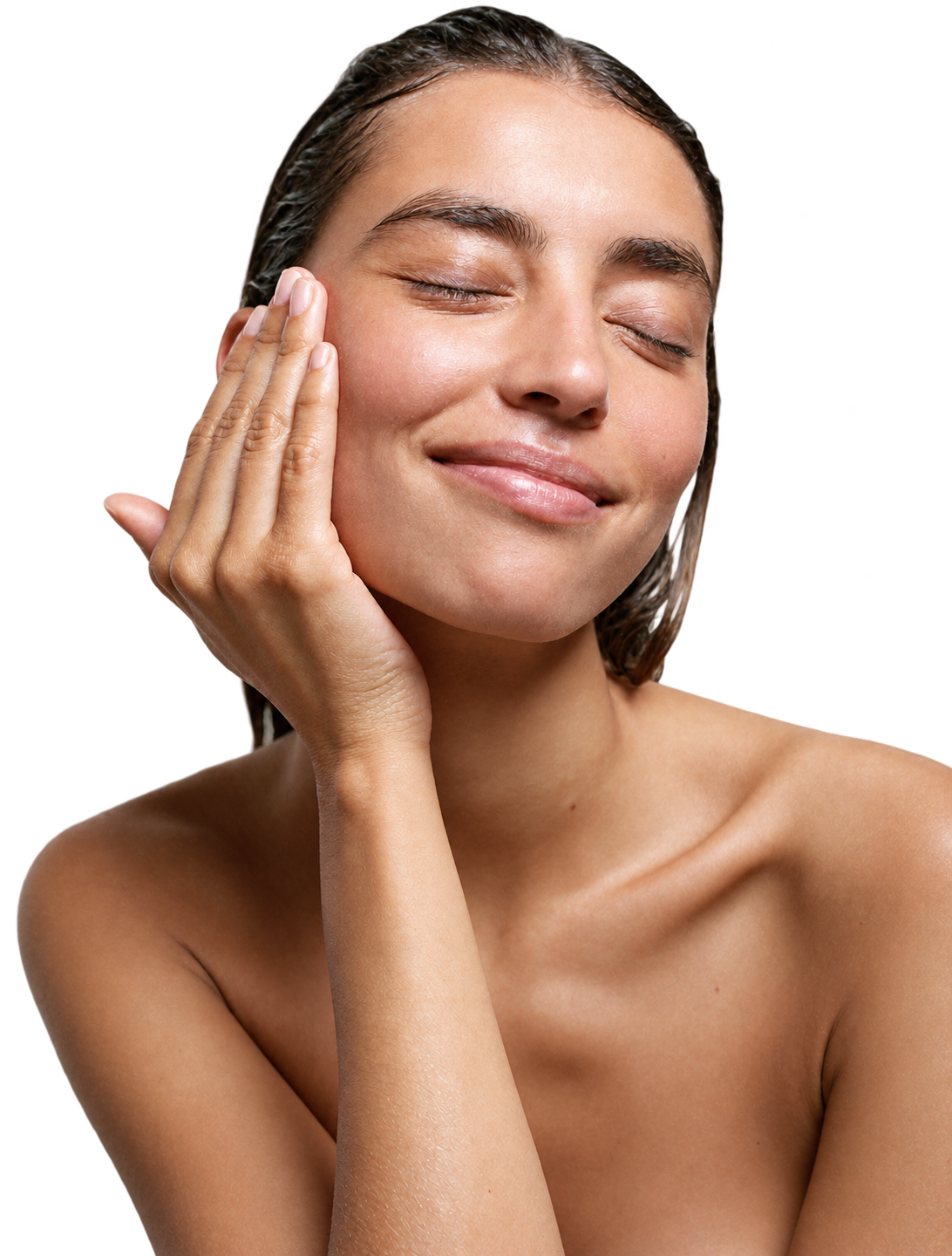 Woman with wet hair gently touching her cheek