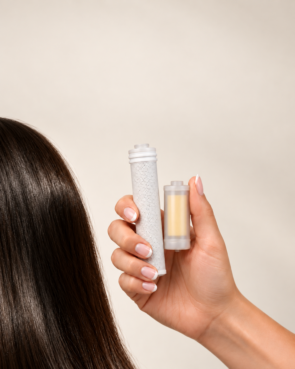 Carbon filter and vitamin C cartridge held beside long hair