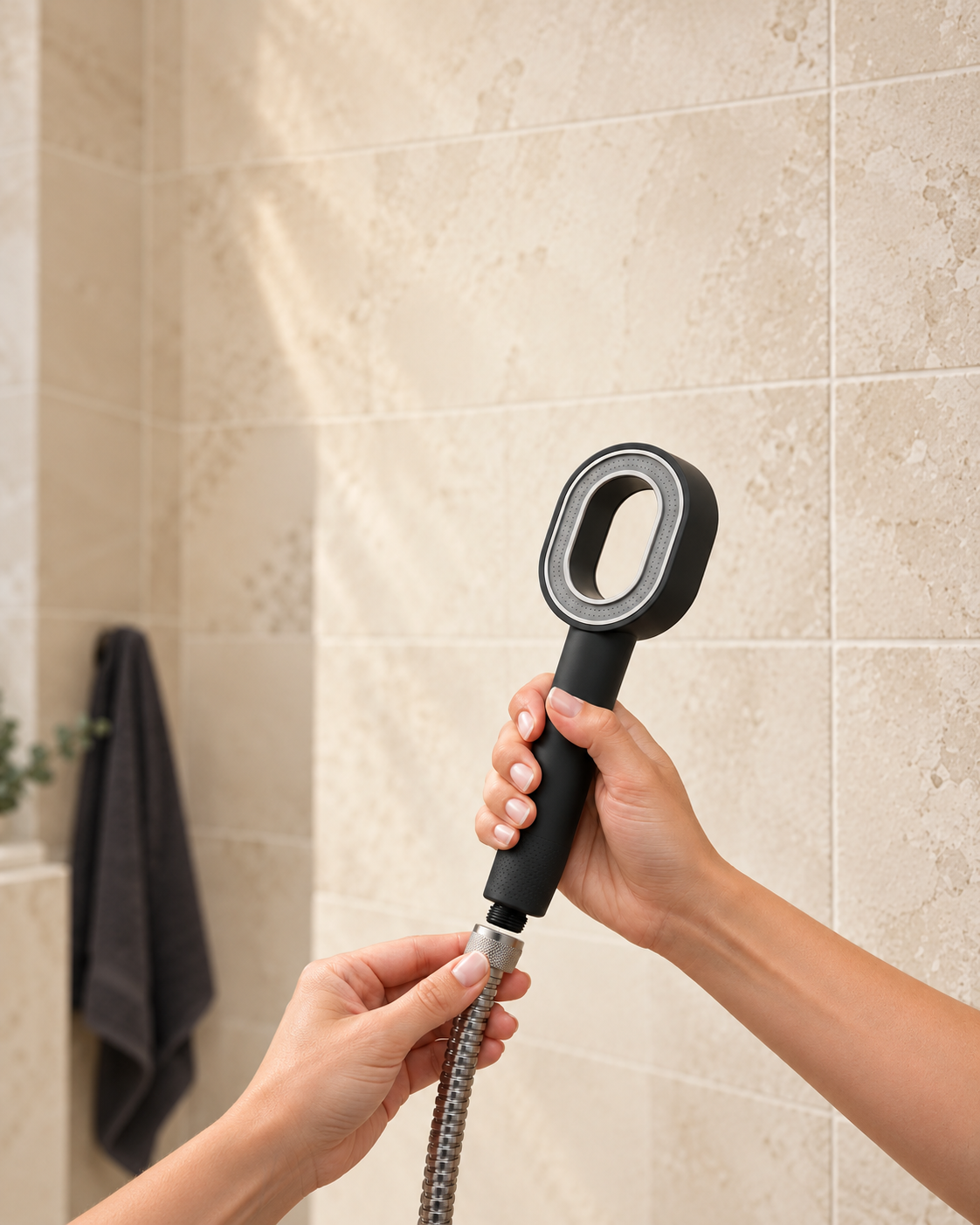Hands connecting a Rituva showerhead to a shower hose