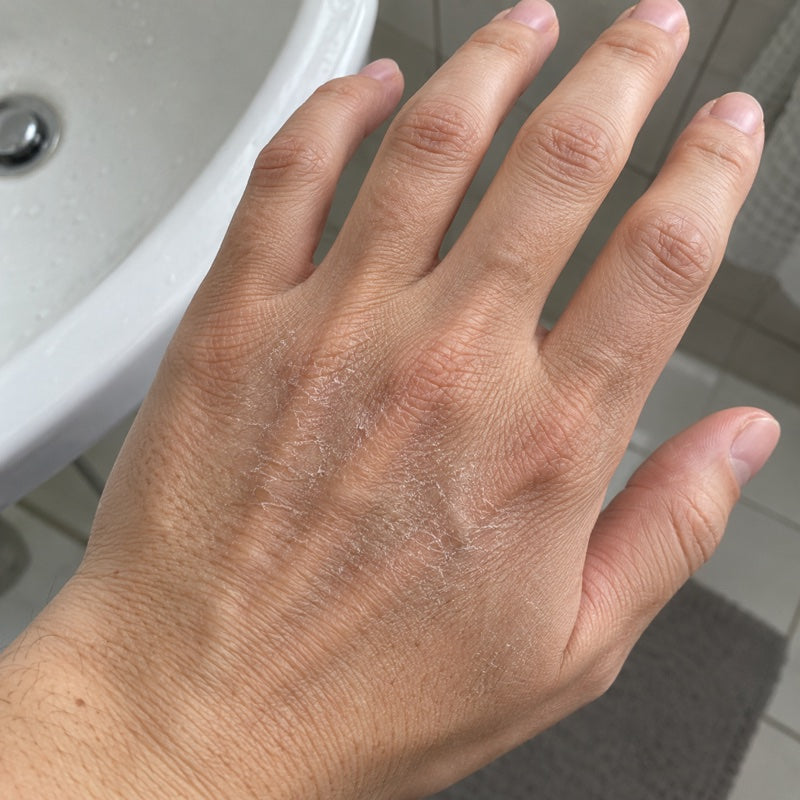 Close-up of dry, flaky skin on the back of a hand